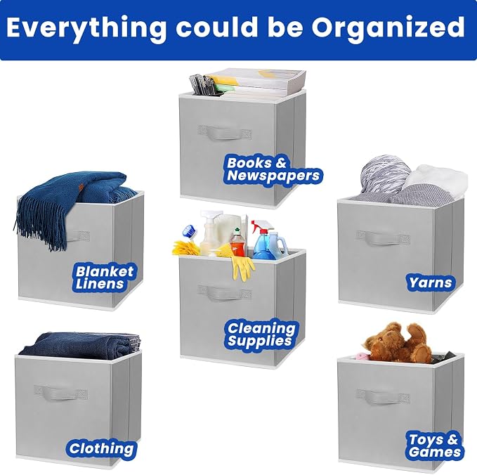 Criusia Storage Cubes, 11 Inch Cube Storage Bins for Shelves (10 Pack), Fabric Collapsible Storage Bins with Dual Handles, Foldable Cube Baskets for Clothes, Closet Organizers and Storage Box (Grey) - Image 3
