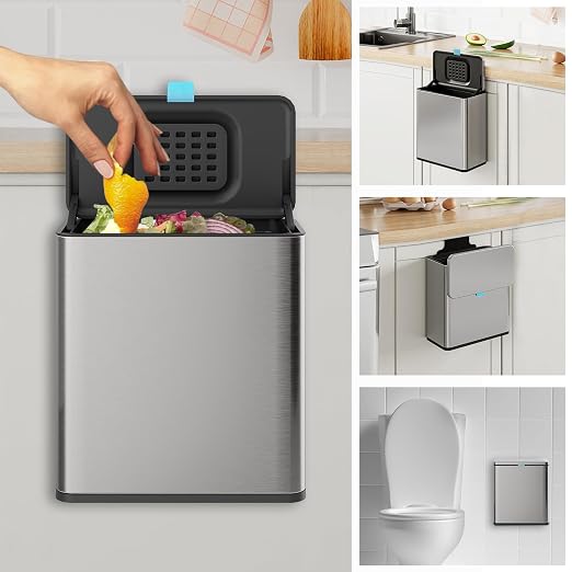 Stainless Steel Hanging Trash Can with Lid and Inner Bucket, 2 Gallon Kitchen Compost Bin for Counter Top, Under Sink or Wall Mount, Small Garbage Can for Cupboard/Bathroom/Bedroom/RV by LINSSEN