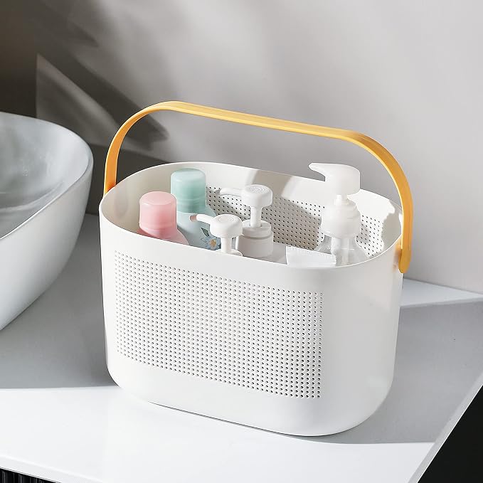 UUJOLY Plastic Storage Baskets with Handles, Shower Caddy Shelf Organizers Basket for Bathroom, Kitchen, Dorm Room, Yellow, 2 Pack - Image 4