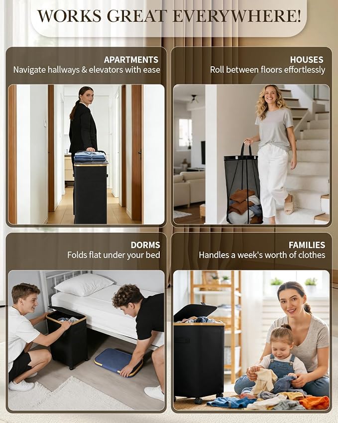 Laundry Hamper with Wheels, 110L Large Clothes Hamper with Removable Inner Bag, Collapsible Dirty Clothes Basket for Dorm, Rolling Dirty Clothes Basket for, Bedroom, Bathroom, Laundry Room - Image 8