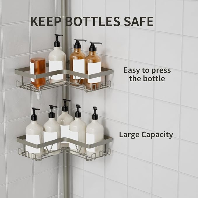 KEGII Shower Caddy Tension Pole, 4-Tier Rustproof Adjustable Corner Bathroom Organizer for Renters, 25–114.2 Inch No Drill Space-Saving Shower Storage Rack, Silver Gray - Image 4