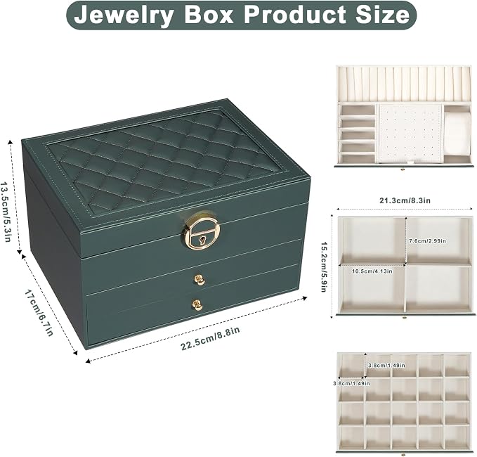 GUOER Jewelry Box for Women Girl Wife 3 Layers Large PU Leather Jewelry Organizer Storage Case with Two drawers Display for Earrings Bracelets Rings Watches (Hunter Green) - Image 3