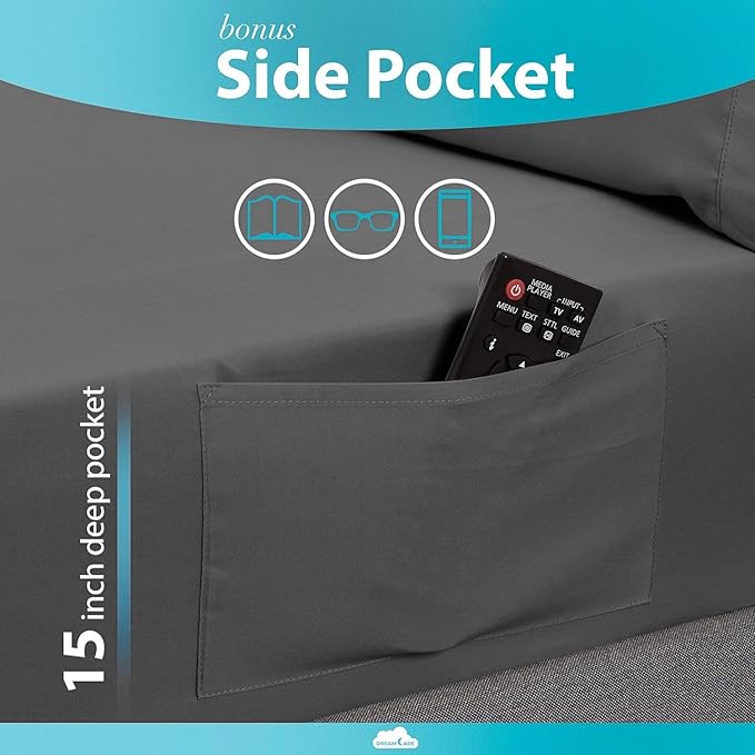 DREAMCARE Twin XL Sheet Sets - 4 pcs Breathable Cooling Bed Sheets - up to 15" Deep Pocket Twin XL Sheets Set with Side Pockets - Extra Soft 100% Brushed Hypoallergenic Hotel Luxury Bedding -Dark Gray