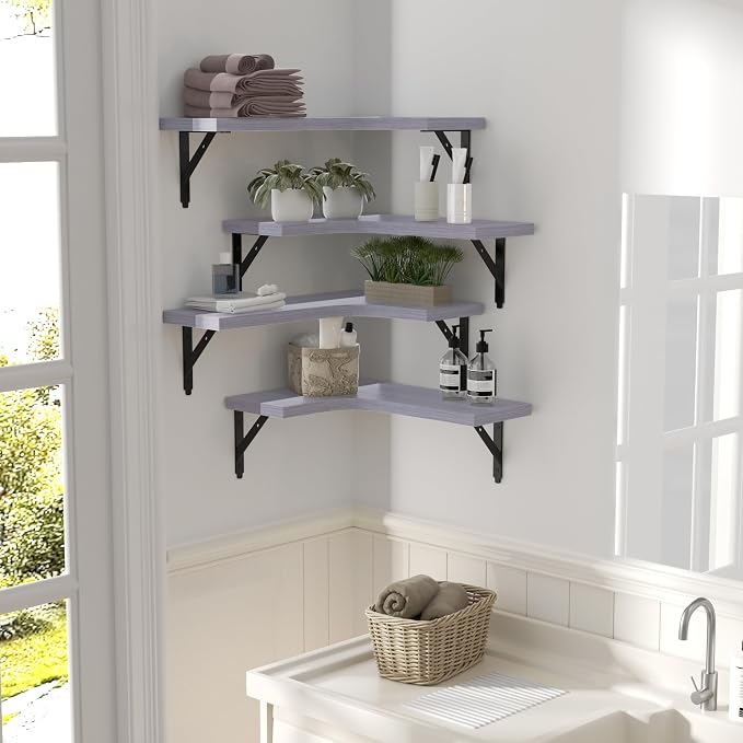 ROMGUAR CRAFT Corner Floating Shelves Wall Mounted Set of 4, Rustic Wood Storage Display Shelves for Home Decor, Bathroom, Kitchen, Bedroom, Living Room, Office (Light Grey) - Image 6
