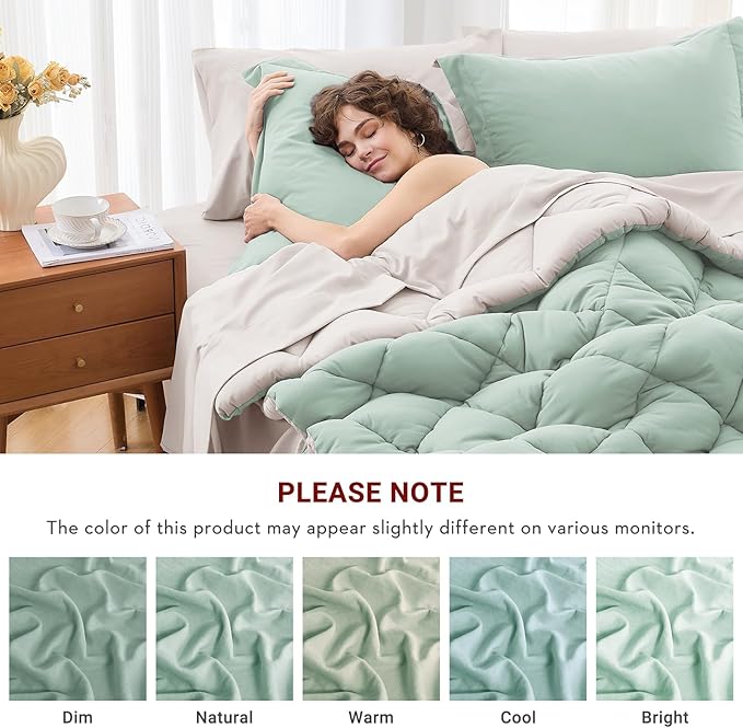 MUXHOMO 7 Pieces Queen Comforter Set, Reversible Bed in a Bag Queen Size, All Season Bedding Set with Comforter, Flat Sheet, Fitted Sheet, Pillowcases & Shams, Sage Green & Beige