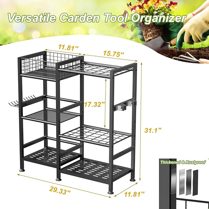 keomaisyto Garden Tool Organizer With Basket - 3 Tier Yard Storage Rack for Garage Organization, Heavy Duty Holder With 35 Long-Handled Slots for Shed, Yard, Garage - Image 5