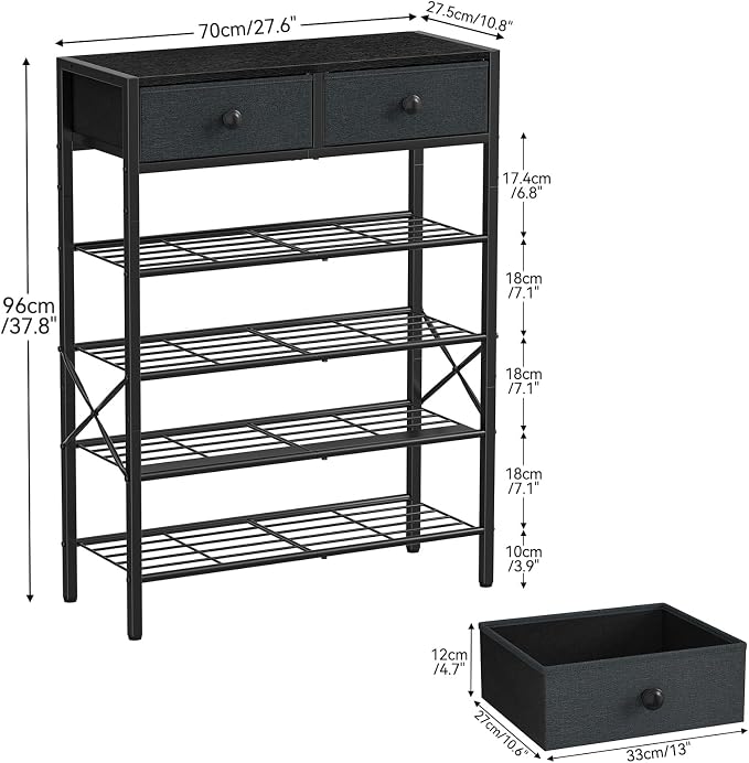 Shoe Rack for Entryway, 5 Tier Shoe Organizer with 2 Non-Woven Drawers, Metal Storage Shoe Shelf for 16-20 Pairs of Shoes, with Wooden Top and Steel Frame, Shoe Stand for Closet Black Grey - Image 3