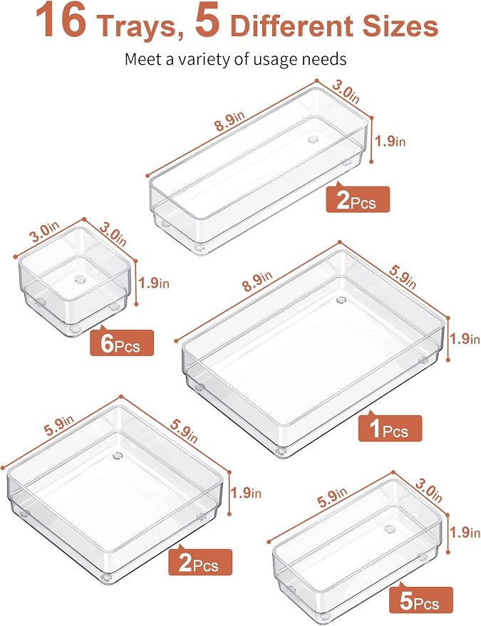 SMARTAKE 16-Piece Drawer Organizer with Non-Slip Silicone Pads, 5-Size Desk Storage Tray for Makeup, Jewelries, Utensils in Bedroom Dresser, Office and Kitchen, Clear - Image 2