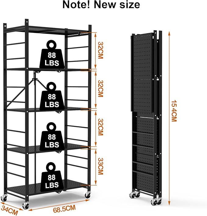 Himix Storage Shelves with 20 Hooks, 5-Tier Collapsible Organization Storage Rack Bookshelf Folding Pantry Shelves Cube Shelf Wire Shelving Holds 440 Ibs for Garage Kitchen Room, Black - Image 3
