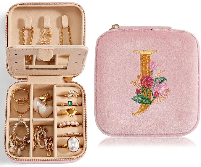 Smileshe Personalized Gifts for Mom Mothers Day, Birthday, Graduation Gift for Girls Fashion, Travel for Teen Girls Trendy Stuff, Velvet Jewelry Box with Flower, Letter J, Pink - Image 2