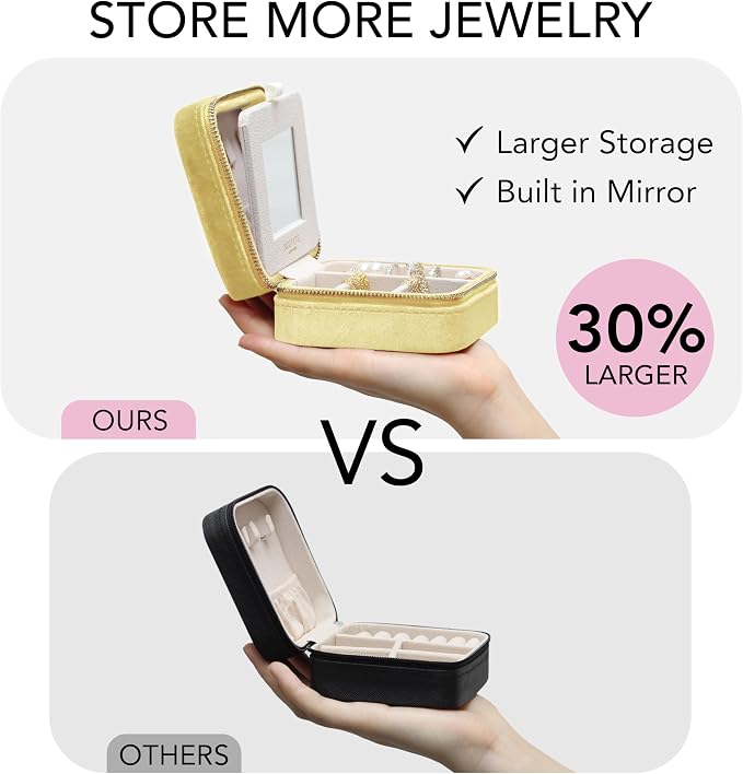 BLUTETE Travel Jewelry Box Organizer Velvet Travel Case With Mirror Ring Earrings Necklaces Storage Organizer Box (Lemon Yellow) - Image 4