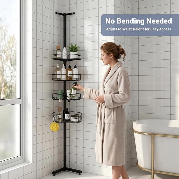 Standing Shower Caddy Corner, 4-Tier Adjustable Height Bathroom Organizer, 6-Section Pole, Sturdy Floor Standing Shelf for Shower or Bathtub – No Drilling, No Spring Tension - Image 4