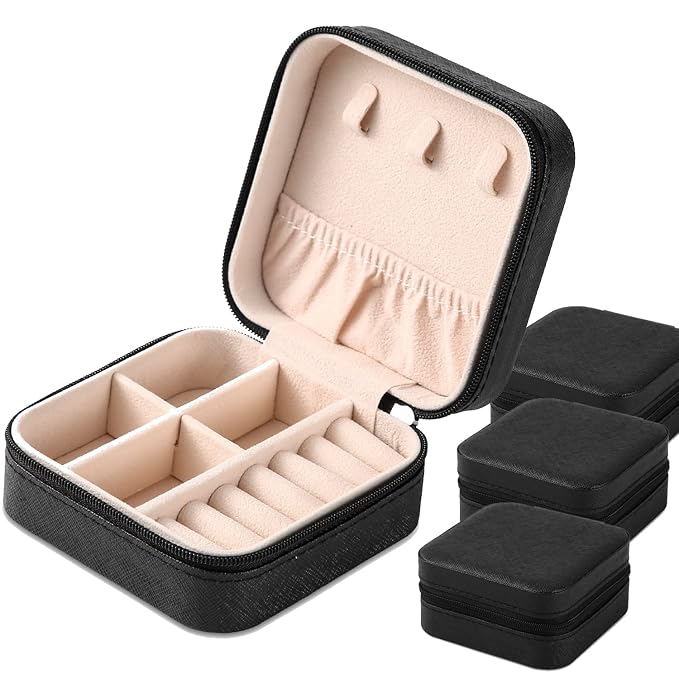 Neveika Portable Travel Mini Jewelry Box Leather Jewellery Ring Organizer Case Storage Gift Box Girls Women (4pcs black). - Image 9