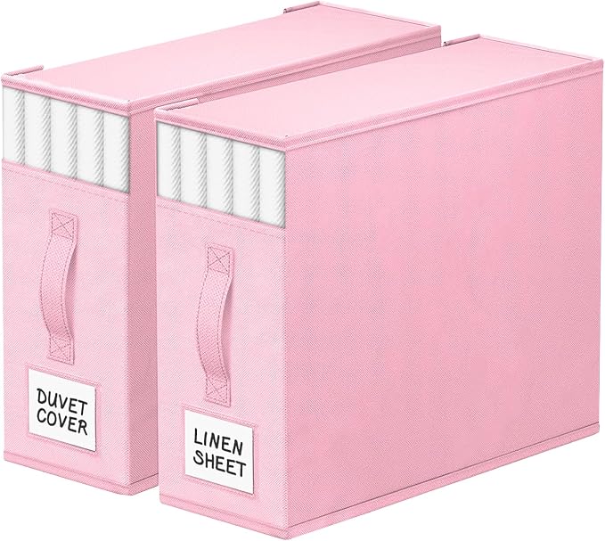 StorageTastic 2 Pack Bed Sheet Closet Organizers and Storage,Sturdy Foldable Storage Containers with Window and Label,Storage and Organization for Bedding Sheets,Duvet Covers,Blankets (Pink) by StorageTastic