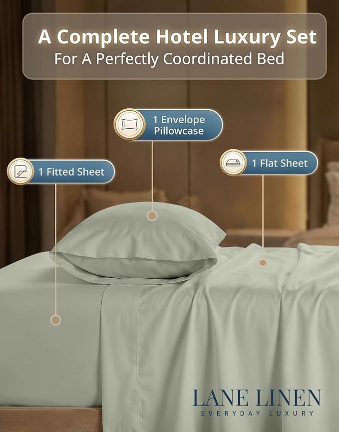LANE LINEN Twin Sheets Set - 600 Thread Count Sateen Weave for Silky Feel On Skin - Extra Soft, 100% Cotton Sheets Set for Comfort - 15'' Deep Pocket for Snug Fit to Your Mattress - Mineral