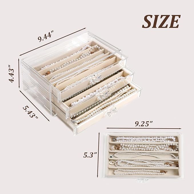 CLUQMEIK Necklace Organizer Box with Clear Lid, Dustproof Velvet Jewelry Holder Storage Display Case, Stackable Acrylic Necklace Tray Drawer Insert for Women and Girls (Beige,3 Drawers) - Image 3