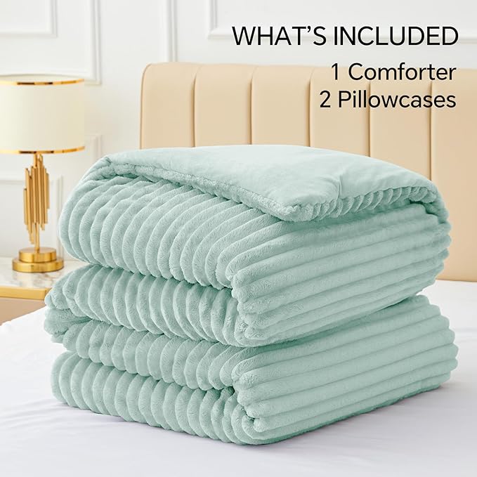 BEDELITE Fleece Queen Comforter Set -Super Soft & Warm Fluffy Light Green Bedding, Luxury Fuzzy Heavy Bed Set for Winter with 2 Pillow Cases
