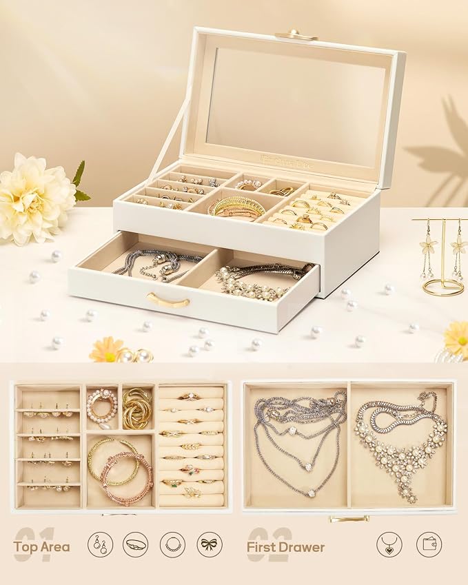 Enthralite Jewelry Box with 1 Drawer: Display Organizer for Earrings Necklaces - Gift for Girls Women (White) - Image 4