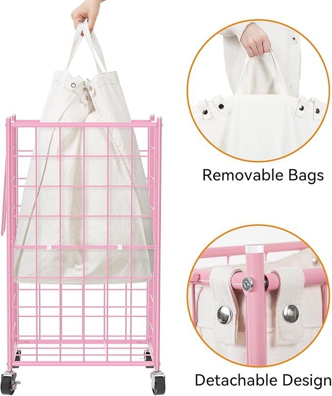WOWLIVE Laundry Hamper with Wheels,Metal Wire Frame Rolling Laundry Basket with Removable bag,100L Dirty Clothes Hamper Organizer Dorm Room Storage for Bedroom,Bathroom,Pink - Image 6