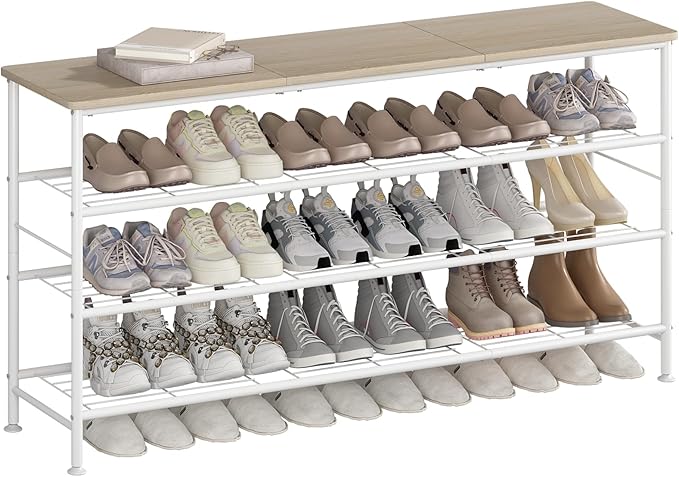 SUOERNUO Shoe Rack Organizer 4 Tier for Closet Entryway Free Standing Metal Storage Shoe Shelf with MDF Top Board (White+Oak, Large 4 Tier) by SUOERNUO