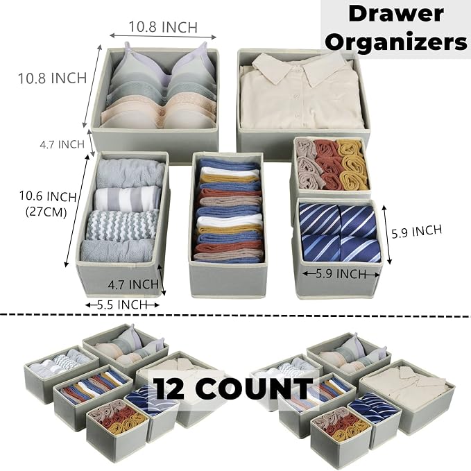 Fordonral 12 Pack Drawer Organizer Clothes, Foldable Fabric Dresser Organizer Closet Organizers and Storage Box for Underwear,Folded Clothes,Baby Clothing,Socks,Bra,Towels,Ties(12 Pack,Gray) - Image 3