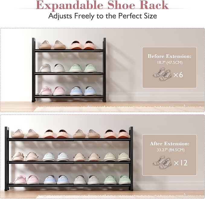 Bumusty 3-Tier Expandable Shoe Rack for Closet, 18“-33” Adjustable Shoe Rack for Small Space, Small Shoe Organizer for Front Door, Sturdy Metal, Black - Image 5