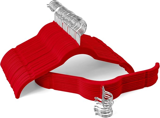 Sishynio Velvet Hangers 50 Pack – Slim Non-Slip Flocked Hangers with 360° Swivel Hook, Space-Saving Closet Organizer for Dresses, Blouses, Coats(Red) by Sishynio