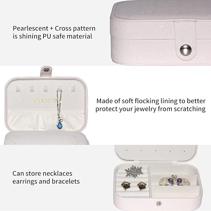 Smileshe Jewelry Box, PU Leather Small Portable Travel Case, 2 Layers Organizer Display Storage Holder Box for Rings, Earrings, Necklaces, Bracelets - Image 2