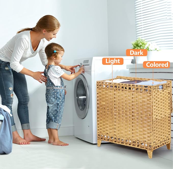Laundry Hamper with 3 Removable Liner Bags; 132L Handwoven Rattan Laundry Basket with Lid & Heightened Feet; Clothes Hamper with Side Handles; Laundry Sorter with 3 Separate Sections - Image 2