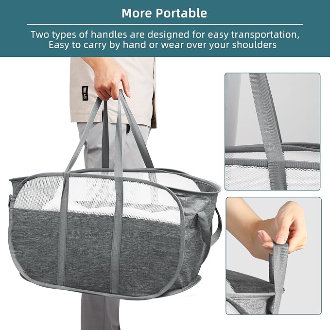2 Pcs Collapsible Laundry Baskets, Tear Proof Pop Up Hamper With Dual Handles, Durable Foldable Basket, Easy to Carry for Home, Room, Bedroom, Dorm, Travel - Gray - Image 6