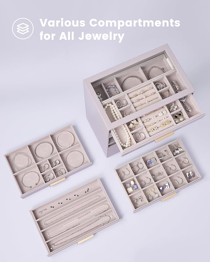 Lolalet Jewelry Box Organizer, 4-Layer Jewelry Organizers and Storage Case with Glass Lid, Ring Earring Bracelet Necklace Holder Organizer, Birthday Valentine Gifts for Women Girls -4Layer, HazePurple - Image 3