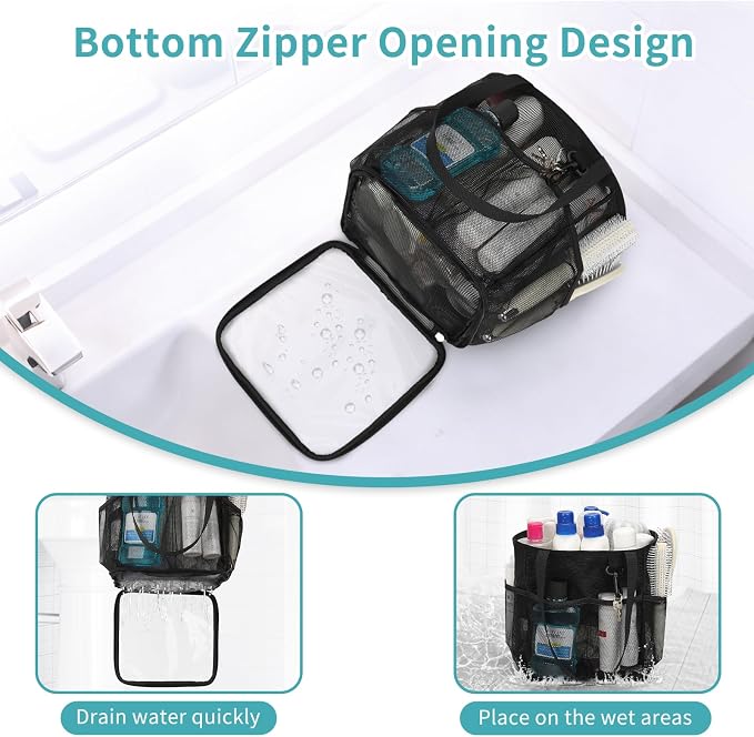 Mesh Shower Caddy Portable for College Dorm Room Essentials, Shower Tote Bag with Hanging Hook and Drawstring, Quick Dry Toiletry Bag with 6 Pockets for Bathroom, Swimming, Gym, Camping, Beach, Travel - Image 3