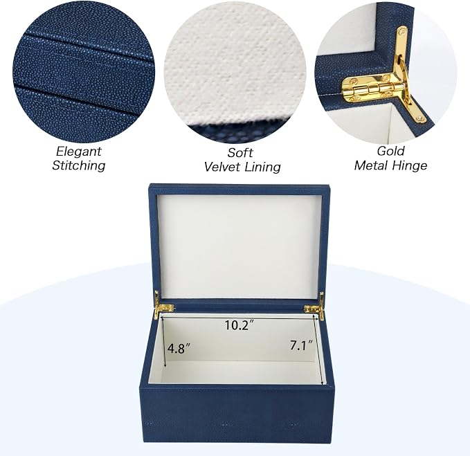 HofferRuffer Faux Leather Decorative Box, Large Wooden Structure Keepsake Box Accessory Organizer Jewelry Organizer with Hinged Lid, Storage Container for Home or Office (NavyBlue Shagreen) - Image 3
