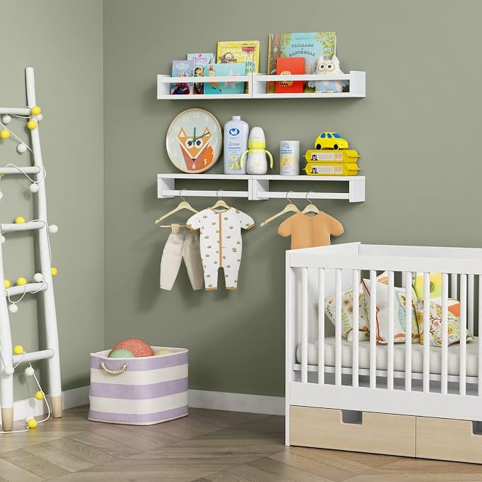 Forbena Floating Nursery Book Shelves for Wall Set of 4, Wall Bookshelf for Kids Room, White Wood Hanging Bookshelves Book Shelf for Baby Toddler Childrens Boy Girl Bedoom Toy and Decor Storage - Image 6