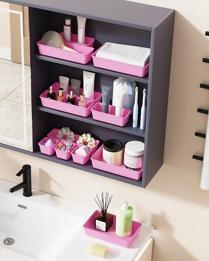BiuLeon 25 PCS Plastic Drawer Organizers Set, 4-Sizes Vanity and Makeup Organizer, Desk and bathroom Drawer Organizer Trays, Organizers and Storage for Makeup, Jewelry, Gadgets, Utensils(Light Purple) - Image 6