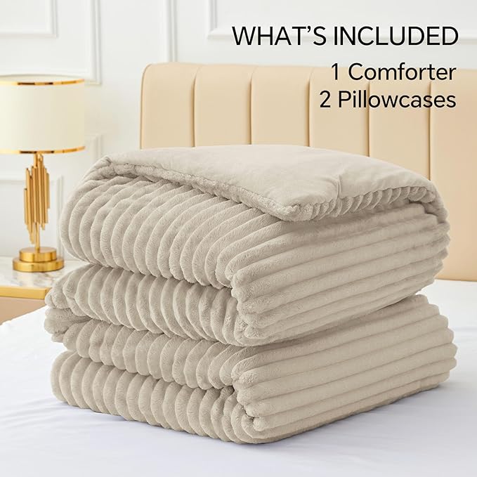 BEDELITE Fleece Full Comforter Set -Super Soft & Warm Fluffy Linen Bedding, Luxury Fuzzy Heavy Bed Set for Winter with 2 Pillow Cases