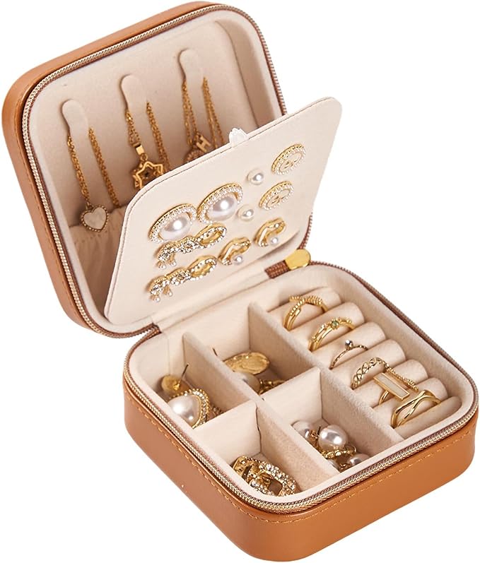 Travel Jewelry Box, PU Leather Small Jewelry Organizer for Women Girls, Portable Mini Travel Case Display Storage Holder Boxes for Stud Earrings, Rings, Necklaces (Brown) by Unknown