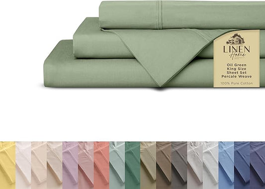 Linen Home 100% Cotton Percale Sheets King Size, 4-Piece Set - Crisp, Soft, Cool & Breathable, Deep Pocket Fits 16" Mattress, Long-Staple Combed Cotton, Hotel Style, Oil Green