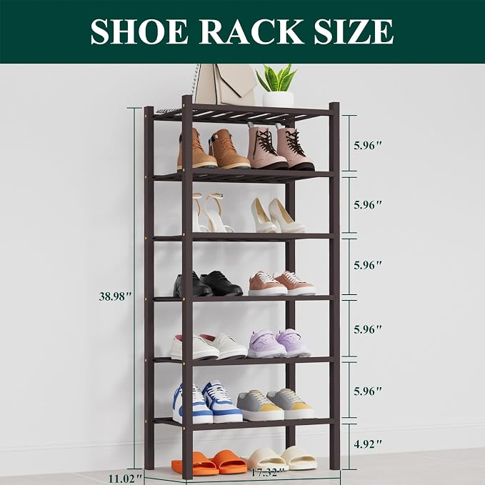 Smiry Shoe Rack, 6 Tier Thick Small Bamboo Shoe Organizer, Stackable Free Standing Wooden Shoe Storage Shelf for Closet, Entryway, Front Door Entrance, Brown - Image 2