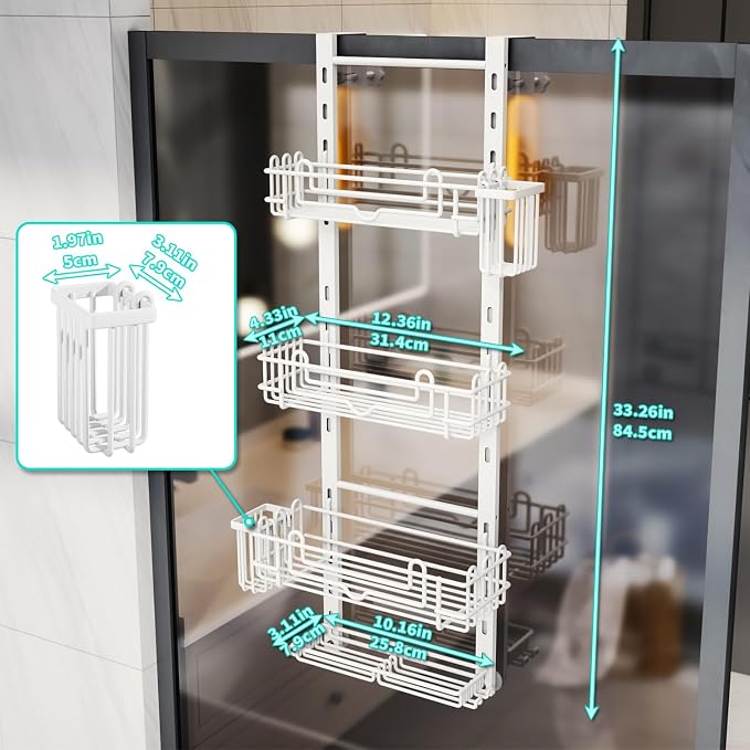 HapiRm 4 Tier Over the Door Shower Caddy, Hanging Shower Caddy with 22 Hooks and 2 Toothbrush Holders, No Drilling Adjustable Hanging Bathroom Organizer - White - Image 6