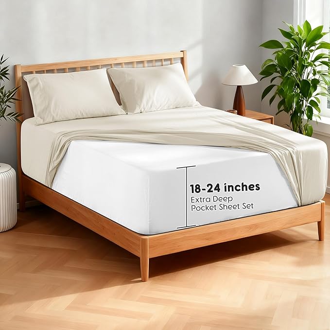 SONORO KATE 100% French Pure Linen Sheets, Extra Deep Pocket up to 18"-24", Breathable and Durable Linen Sheets, Anti-Tear Linen Bed Sheets, Machine Washable - 4 Piece (Cream, Queen(24" deep))