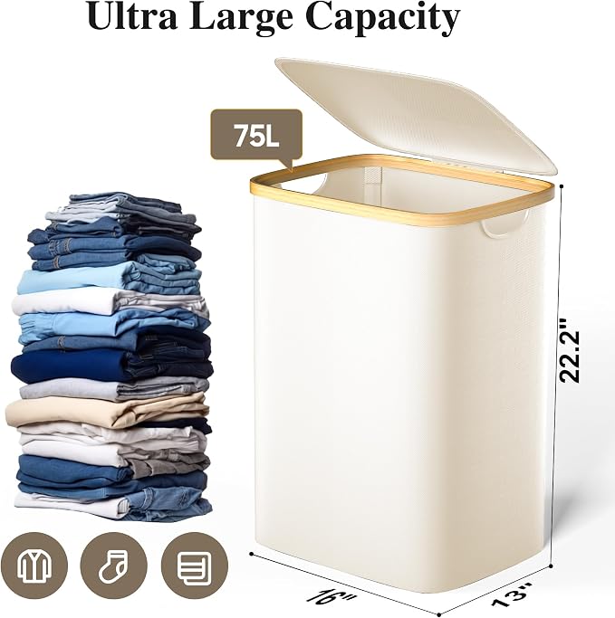 Foluck Large Laundry Hamper, 75L Waterproof Laundry Basket with Lid and Removable Bag, Collapsible Tall Clothes Hamper with Bamboo Handles for Clothes Toys in Dorm Bedroom Bathroom, Beige - Image 2