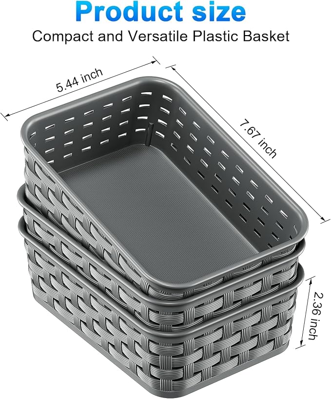 3 Pack Small Plastic Basket, Storage Bin Baskets for Organizing, Pantry Organizer Household Wicker Storage for Laundry Room, Bedrooms, Kitchens, Cabinets, Countertops, Dark Gray - Image 3