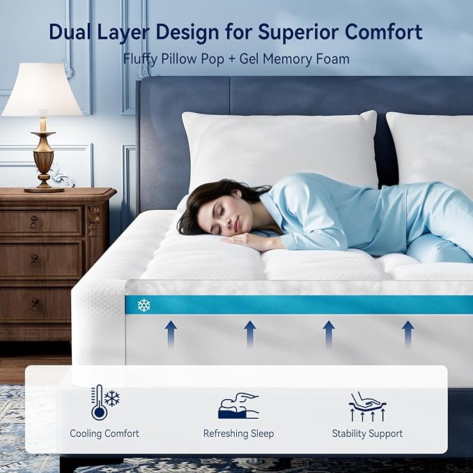 ELEMUSE 3 Inch Queen Size Dual Layer Memory Foam Mattress Topper, 2 Inch Premium Cooling Gel Memory Foam, 1 Inch Soft Pressure Relief Pillowtop Mattress Pad, CertiPUR‑US Certified, Sleep Upgrade