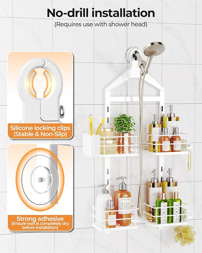 ODesign 2 Tier Height-Adjustable Shower Caddy Hanging Anti-Swing-Over The Shower Head Caddy-Storage Organizer Bathroom Shelves Basket-White - Image 8