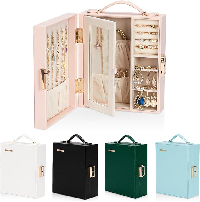 Enthralite Large Travel Jewelry Case: Portable Necklace Box with Mirror - PU Leather & Velvet Lined Jewelry Organizer for Ring Earring Bangle Bracelets Watch - Birthday Gift for Her by Enthralite