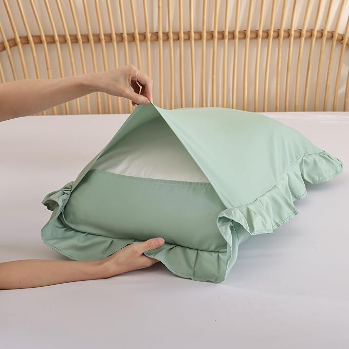 JANZAA Twin Comforter Set Sage Green Comforter Set 2PCS Ruffled and 1 Pillow Case Fluffy Vintage Farmhouse Shabby Chic Bedding Soft All Season