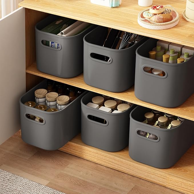 ORGIDOL 8 Pack Dark Grey Storage Bins with Lids Stackable Storage Container for Organizing, Storage Boxes with Handle for Shelves, Cute Organizer Bins for Craft, Snacks, 9.85x6.9x5.7 inch - Image 5