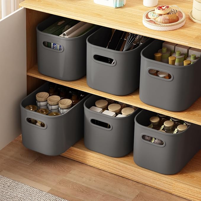 ORGIDOL 6 Pack Grey Storage Bins with Lids Stackable Storage Container for Organizing, Storage Boxes with Handle for Shelves, Cute Organizer Bins for Craft, Snacks, 9.85x6.9x5.7 inch - Image 5