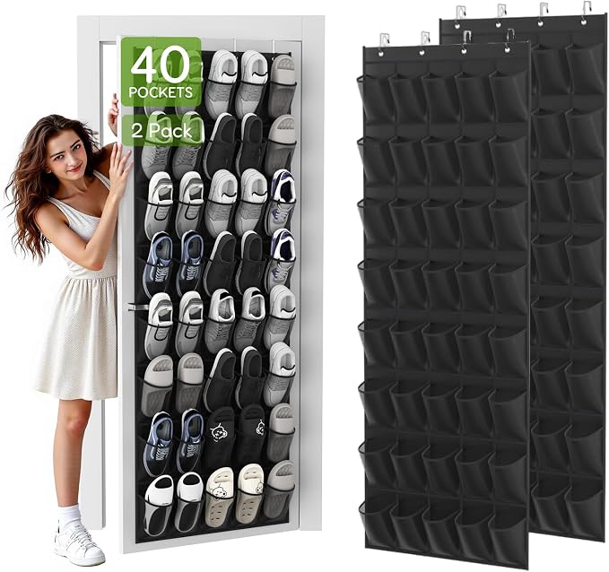 Unjumbly Over the Door Shoe Organizer with 40 Large Breathable Mesh Pockets, Space Saving Shoe Holder, Hanging Shoe Rack for Entryway Bedroom Closet Storage (Black, 80 Pockets) by Unjumbly